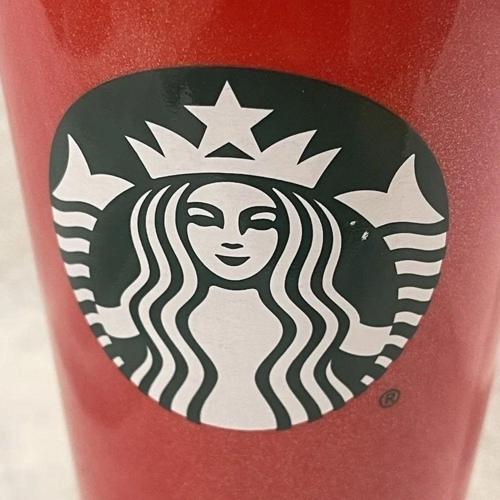 Starbucks Red Ceramic Travel Mug Tumbler 12 oz Glitter Holiday Lid Cup 6.5